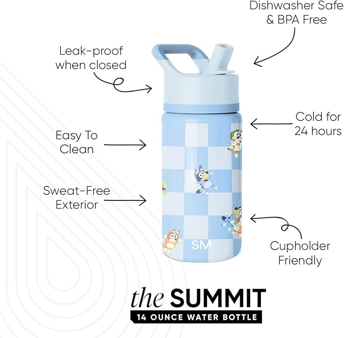 Simple Modern Kids Summit Water Bottle with Straw Lid | Bluey 14oz Stainless Steel Cup Insulated Tumbler for Toddlers, School| Bluey Checkmate
