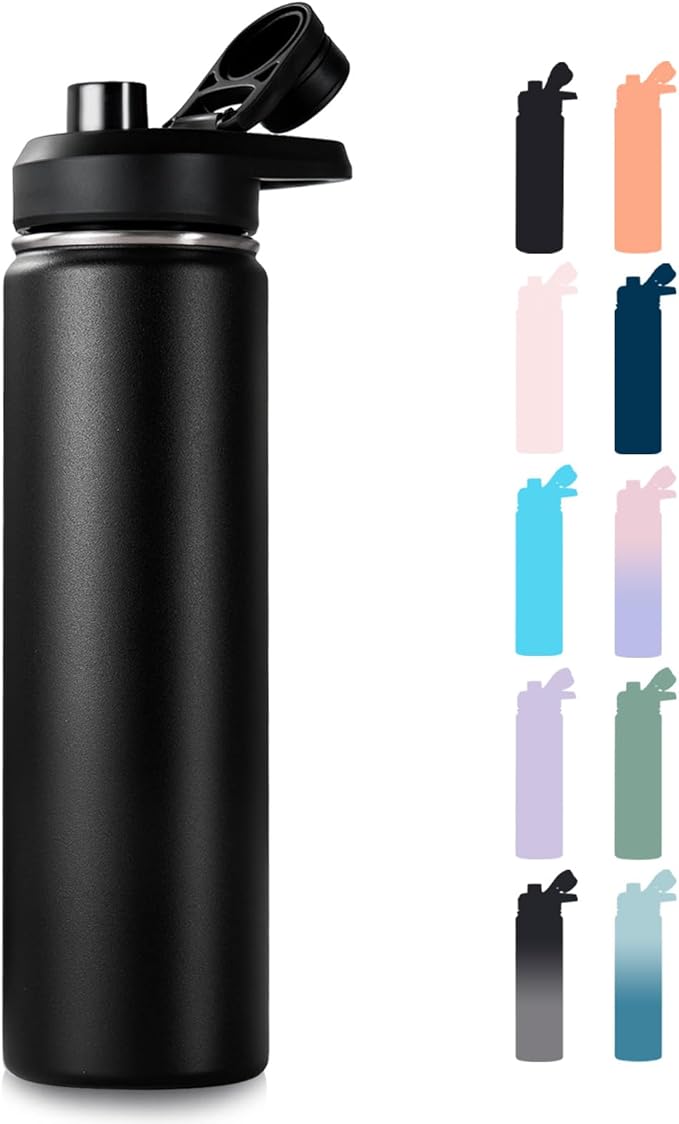 24 oz Insulated Water Bottle with Handle, 304 Stainless Steel Water Bottles with Wide Mouth, Double Wall Vacuum Sports Water Bottle, BPA Free, Keep Cold and Hot, Black | with Handle, Water Bottles, Wide Mouth, Double Wall Vacuum, Sports Water Bottle, B...