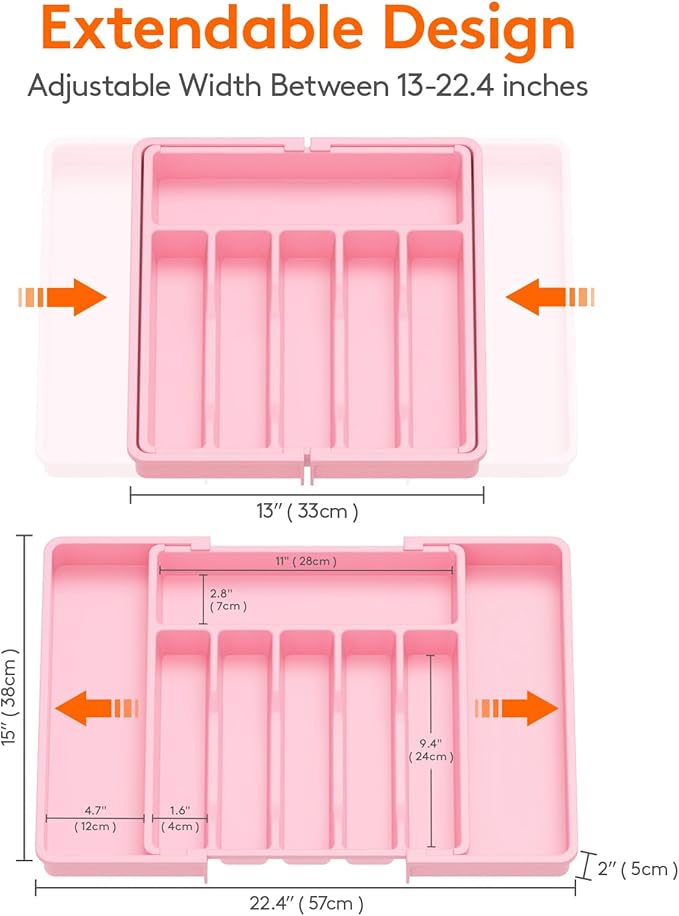 Lifewit Silverware Drawer Organizer, Expandable Utensil Tray for Kitchen, BPA Free Flatware and Cutlery Holder, Adjustable Plastic Storage for Spoons Forks Knives, 13-22 x 15", Pink