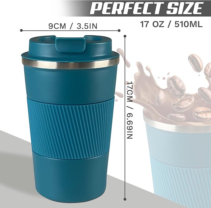 Vacuum Insulated Stainless Steel Travel Coffee Mug with Lid, Leak-Proof Reusable Thermal Cup Keeps Drinks Hot & Cold for Hours, Durable Portable Tumbler for Men & Women(3rd-Blue, 17OZ)