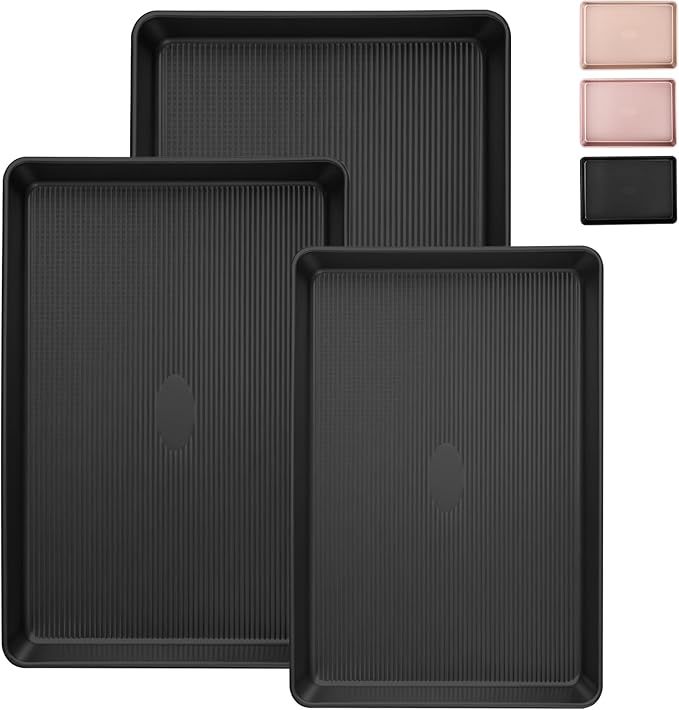 Sakerplus Nonstick Baking Sheet Pan Set of 3, Heavy Duty Cookie Sheets for Oven, 0.6mm Thick Quarter Size & Half Size & Jelly Roll Pan, Rustproof & Easy Clean with Textured Surface(Black)