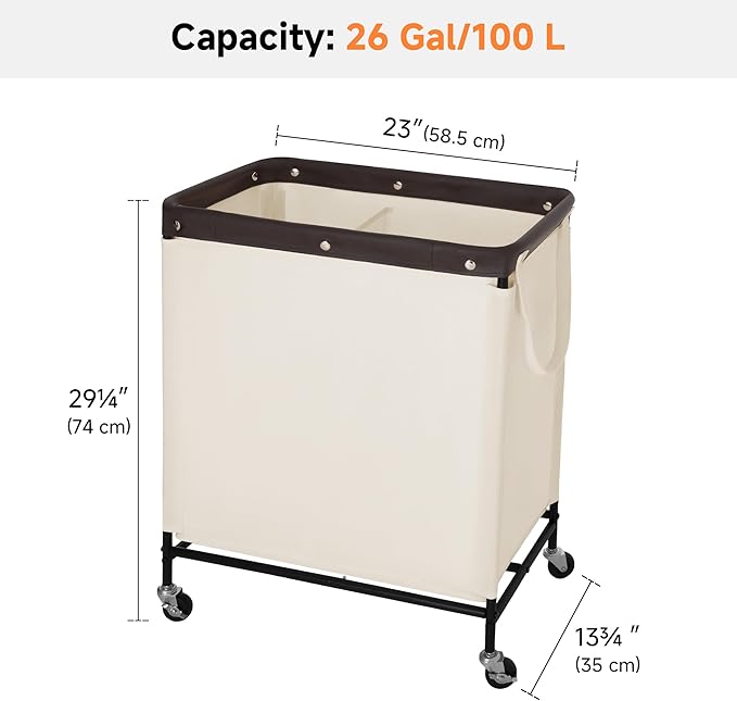 StorageWorks 2 Section Laundry Hamper, Rolling Laundry Cart with Wheels and Handles, Laundry Room Double Sorter for Organizer and Storage, 26.4 Gal(100L), Beige