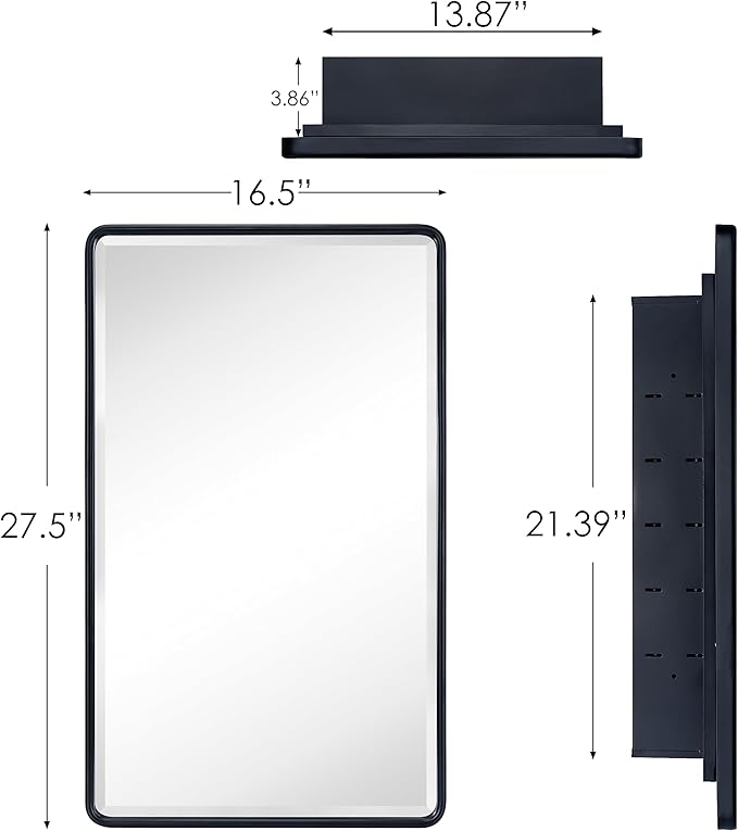 TEHOME Farmhouse Black Metal Framed Recessed Bathroom Medicine Cabinets with Mirror Rounded Rectangle Medicine Cabinet with BeveledMirros,16.5x27.5''