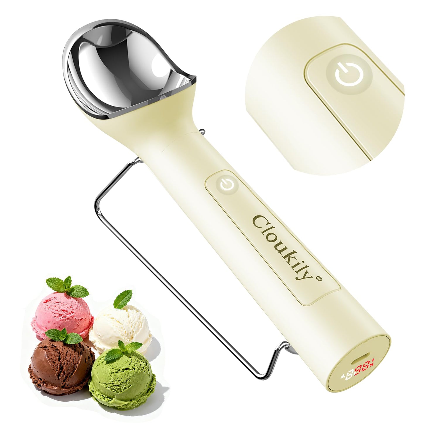 Gen 3.0 Heated Ice Cream Scoop, Rechargeable Electric Ice Cream Scooper with LED Display & ON/OFF Switch, IP67 Waterproof Food Grade, for Hard Ice Cream Gelato, Free Stand Included