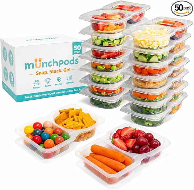 Reusable Snack Containers with Lids 50Pcs, Portion control containers, Snack Pack Containers,2 Double Compartment Snack Containers for Kids On the Go Meals, Camping Condiment Snack Tray Prep