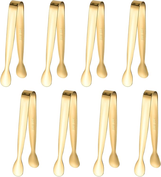 8PCS Gold Mini Metal Tongs,4.3"/11cm,Stainless Steel 304,for Ice Cube,Sugar