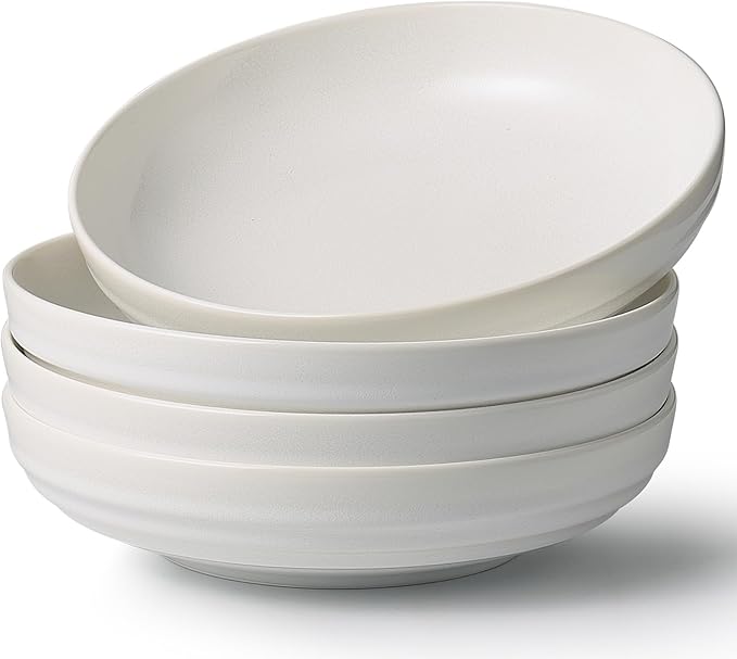 HAPPY KIT Stoneware 9'' 42oz Pasta Bowls Set 4, Frosted Granite White Glaze