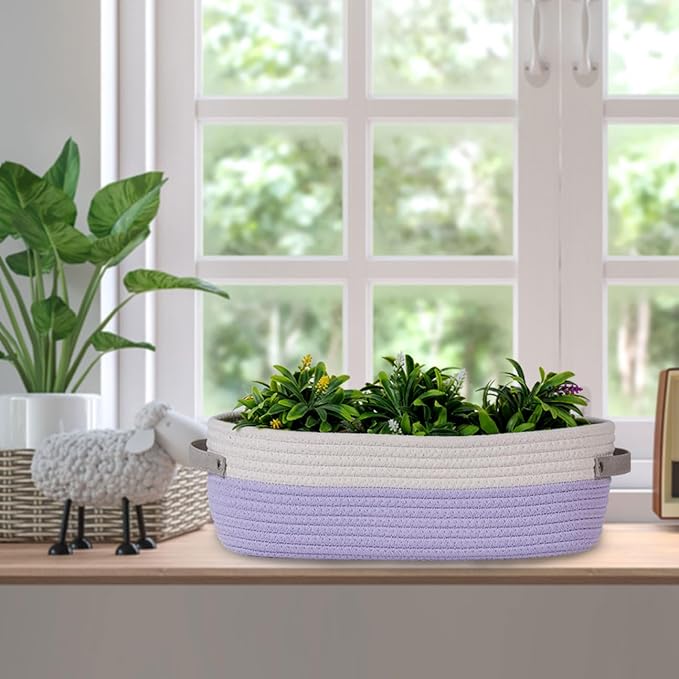 Cotton Rope Woven Basket Toilet Paper Organizer - Decorative Storage Basket for Boho Decor - 13"x5.9"x4" Purple