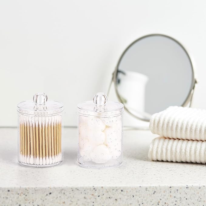Tbestmax 4 Pack Qtip Holder - Restroom Bathroom Organizers with Clear Plastic Apothecary Jars for Cotton Swab, Round Pads, Floss
