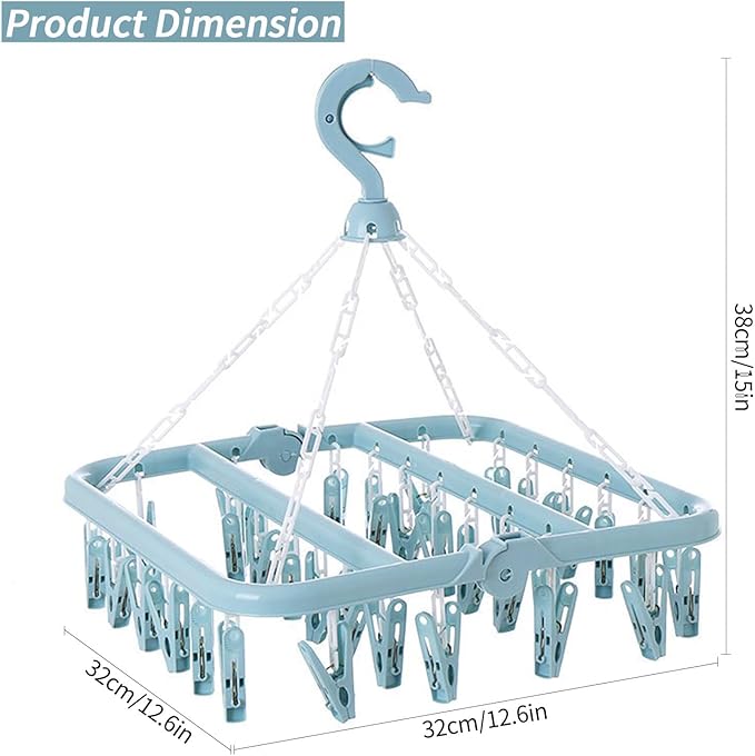 Clothes Drying Rack with 32 Clips, Foldable Hanging Rack, 360° Rotatable Hook for Drying Socks Baby Clothes Towels Gloves(Light Blue)