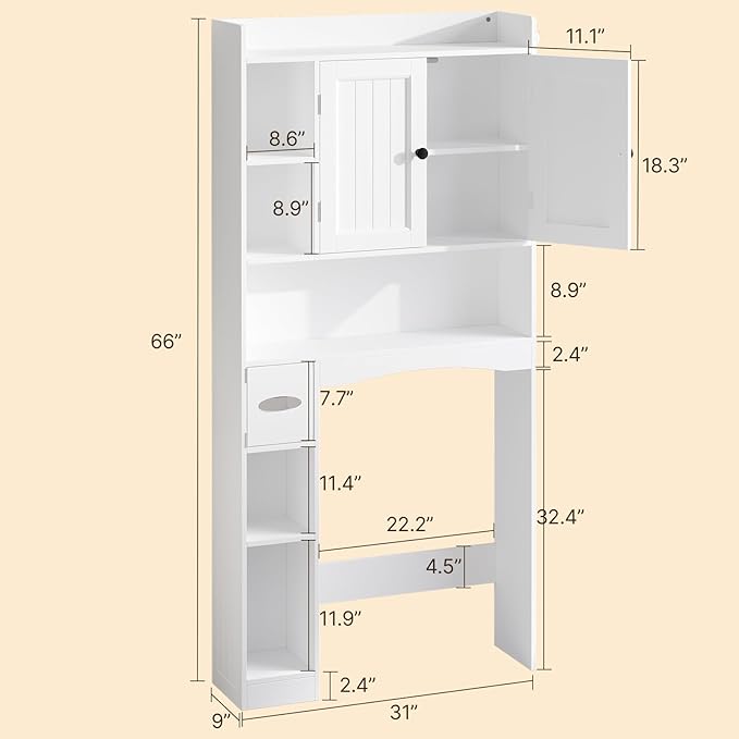 Gizoon 66''H Over The Toilet Storage Cabinet, White Over Toilet Storage Cabinet, Over Toilet Bathroom Organizer, with 2 Doors, Paper Holder and Racks, Adjustable Shelf, for Bathroom, Laundry, White