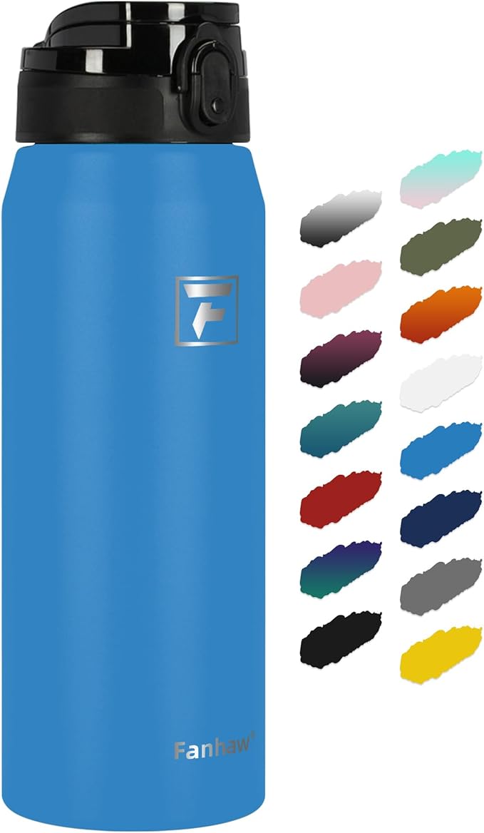 Fanhaw 24 oz Insulated Stainless Steel Water Bottle with Anti-Dust Chug Lid, Leakproof Vacuum Metal Bottle for Kids, Women & Men (Sky Blue)