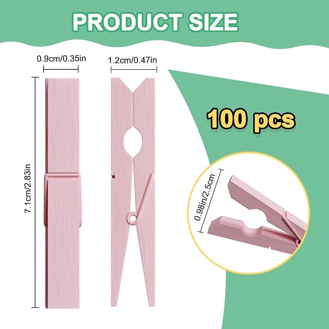 100Pcs Clothes Pins Wooden, 2.9 Inch Colored Clothespins for Crafts, Pastel Colorful Clothespins for Hanging Clothes Picture Light Pink