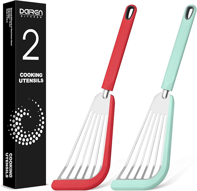 Fish Spatula Turner,Thin Slotted,Stainless Steel With Silicone Edge,2 Pack