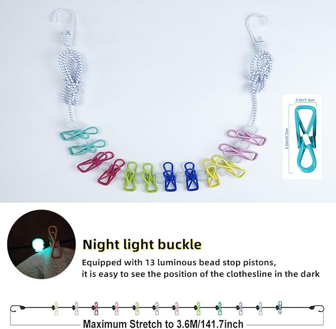 Retractable Travel Clothesline，Portable Clothesline Clothing line with 12 Clothes Clips， for Indoor and Outdoor Laundry Drying line，Outdoor Camping Accessories - with Luminous Buckle (White)