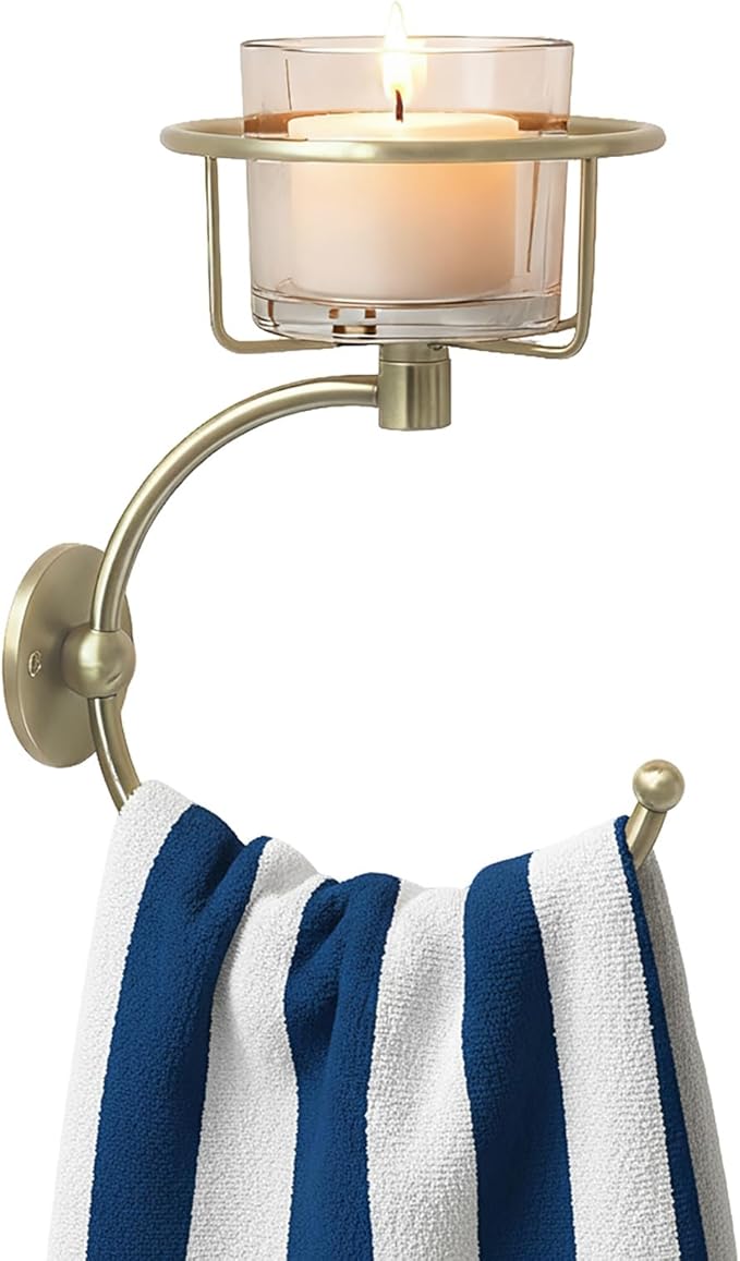 100% Solid Brass Hand Towel Holder, Champagne Bronze Towel Hook, Bathroom Towel Holder with Candle Holder for Wall Décor, Brass Bathroom Accessories, Wall Vase Holder