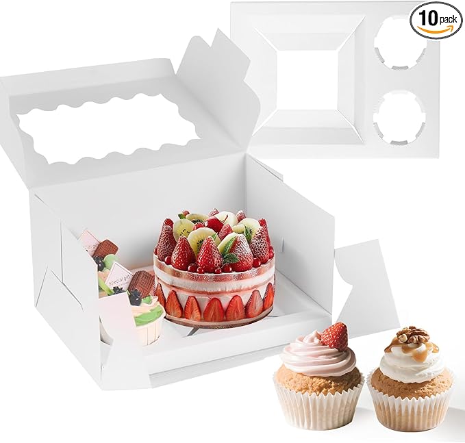 CHENZEM 10 Packs Bento Cake and Cupcake Box 3 Holes Fit 2 Cupcakes and 1 Mini Cake Box with Clear Window and Stickers for Father ‘s Day Birthday Party Bakery Baking Supplies. (1+2/10pcs)