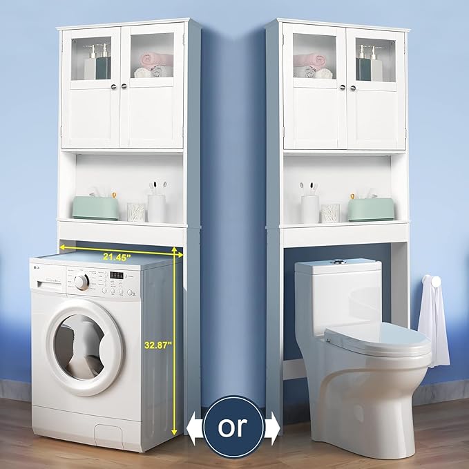 VINGLI Over The Toilet Storage Cabinet White Bathroom Storage Organizer Above The Toilet Shelf with Acrylic Glass Double Doors Wood Muebles para BañO Rack with Adjustable Shelf
