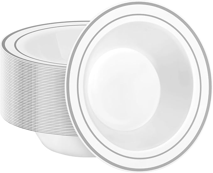 BESTSTAR 100 Pack clear Plastic Bowls with Red Rim