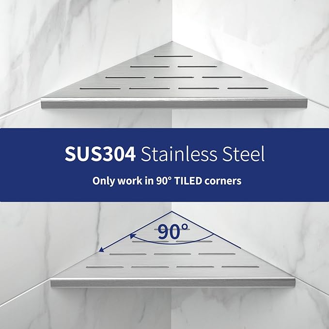 8'' Corner Shower Shelf 2PCS, 304 Stainless Steel Recessed Bathroom Shelves for Tiled Wall, Grout in Shelf (8'', Silver)