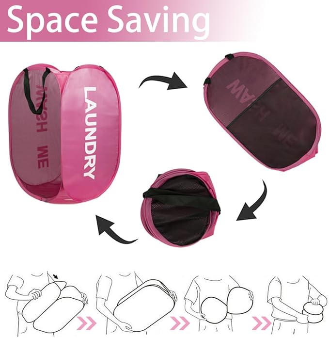 Pop Up Laundry Hamper Collapsible Laundry Basket Mesh Foldable Pink Dirty Clothes Hamper with Handles for Home, Bathroom, Bedroom, Travel, Cruise