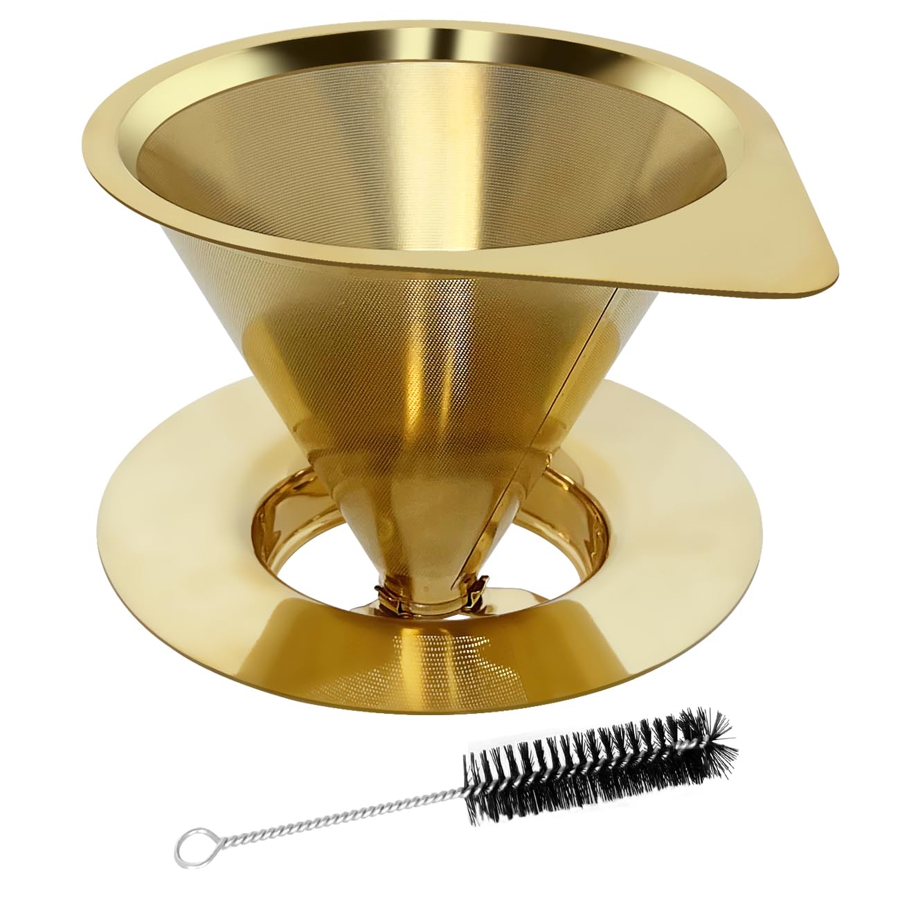 LHS Pour Over Coffee Dripper Stainless Steel Coffee Filter Metal Cone Filter Paperless Reusable Coffee Filter Single Cup Coffee Maker 1-4 Cup With Non-slip Cup Stand and Cleaning Brush