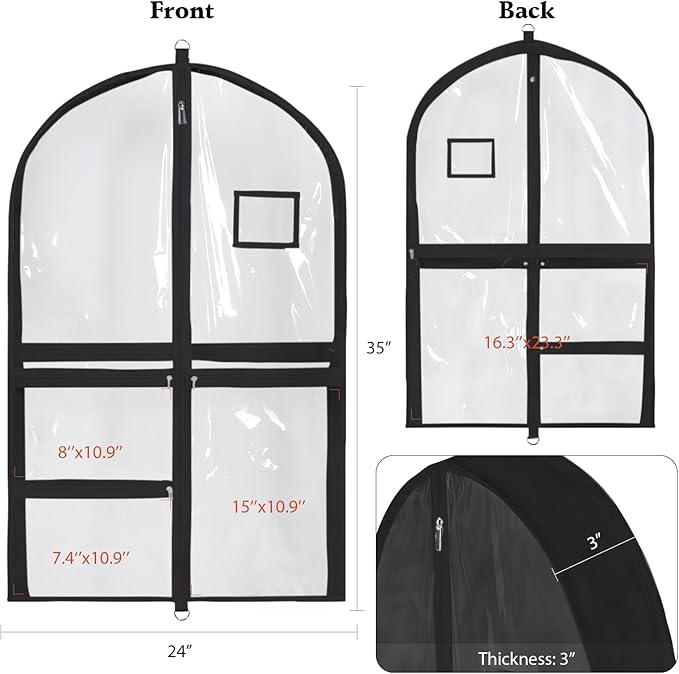 Univivi Clear PVC Dance Costume Bags, 35 Inch Garment Bag for Dance Competitions, with 3 Seperated Medium Clear Zipper Pockets and 1 Large Back Zippered Pocket (Black)