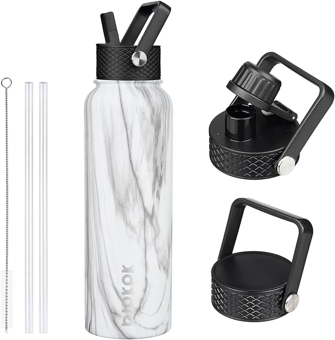BJPKPK Insulated Water Bottles with Straw Lid, 40oz Stainless Steel Water Bottles with 3 Lids, BPA Free Leakproof Thermo, Tumblers, Cups for Sports, Gym- White Birch