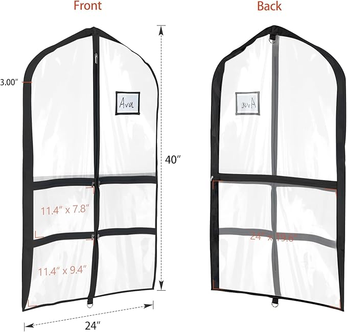 Univivi Clear Black PVC Dance Costume Bags (12 Pack) Garment Bag 40 Inch for Dance Competitions, with 4 Medium Clear Zipper Pockets and 1 Large Back Zippered Pocket [Upgraded Version]