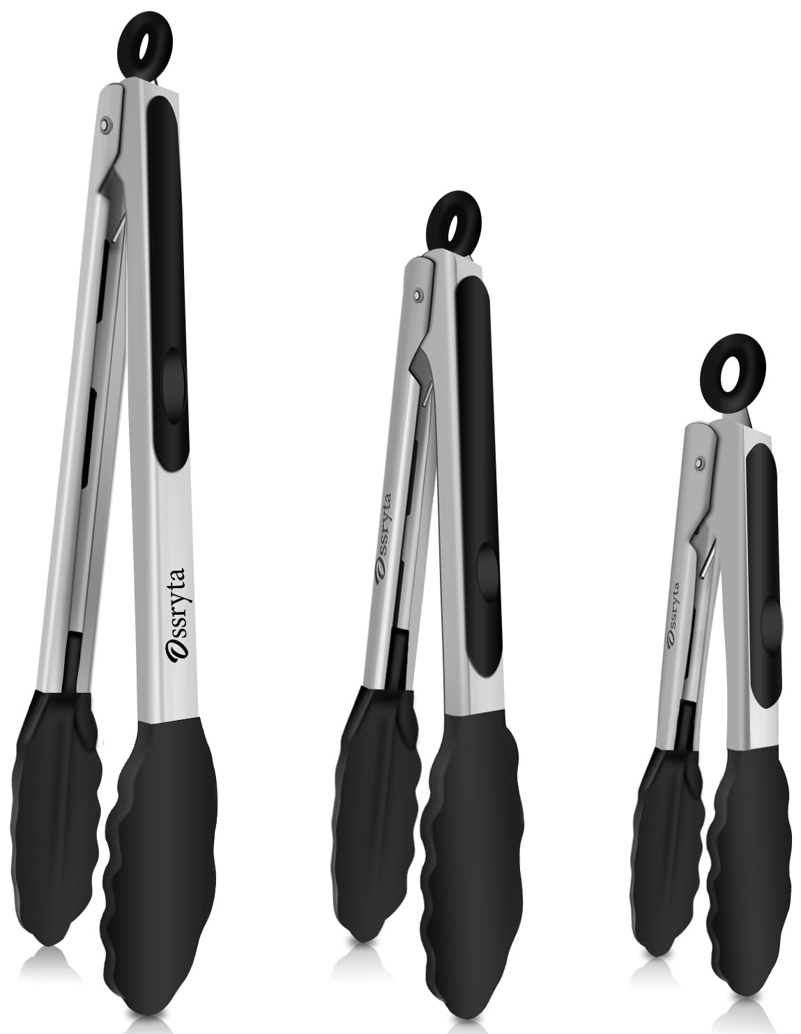 Ossryta Stainless Steel Cooking Tongs Set of 3 - Heavy Duty 12/9/7 Inch Locking Tongs, Heat Resistant to 600 Degrees, Food Grade Kitchen Metal Tong for Food, Salad, & BBQ - Dishwasher Safe