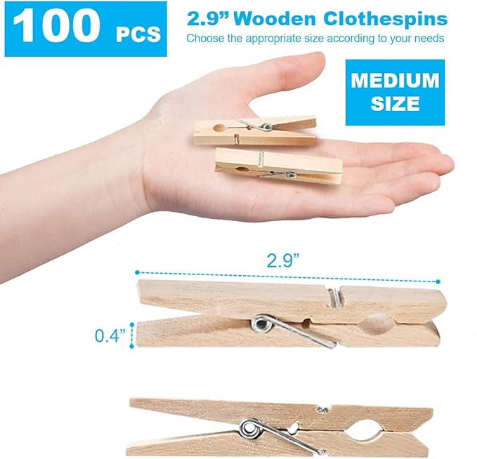 SenseYo 100 Pcs 2.9 Inch Wooden Clothespins Clips for Hanging Clothes, Craft, Home