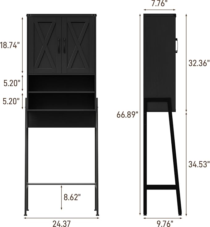 Vabches Over The Toilet Storage Cabinet, Farmhouse Over Toilet Storage Cabinet, Metal Frame with 2 Barn Doors, Home Space-Saving Toilet Rack for Bathroom, Toilet, Laundry Room,Black
