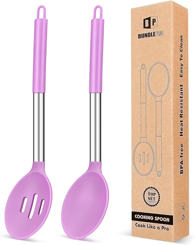 BUNDLEPRO Silicone Cooking Spoons for Nonstick Cookware, 2 Pack, KHAKI