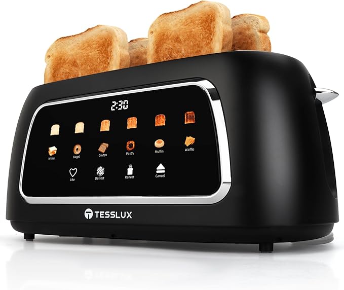 Tesslux 4 Slice Toaster, Touchscreen, 1.5" Long Wide Slot, 1300W, Black