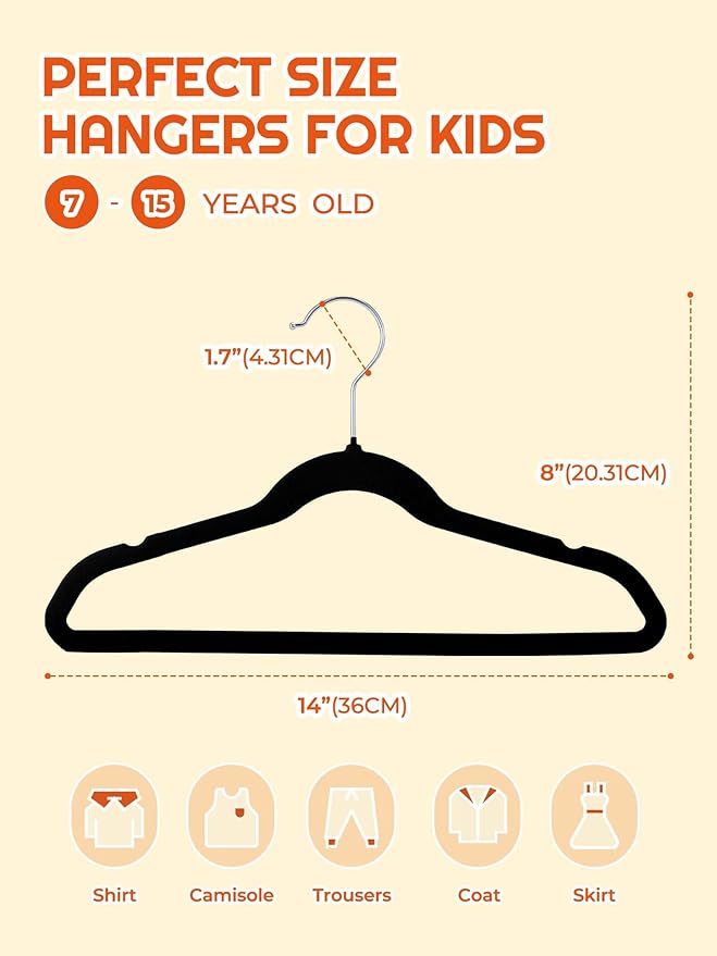HOUSE DAY 14 Inch Kids Velvet Hangers 100 Pack, Durable Big Kid Hangers for Youth, Teen, Non Slip Kids Felt Hanger, Cute Childrens Hanger for Closet, Black