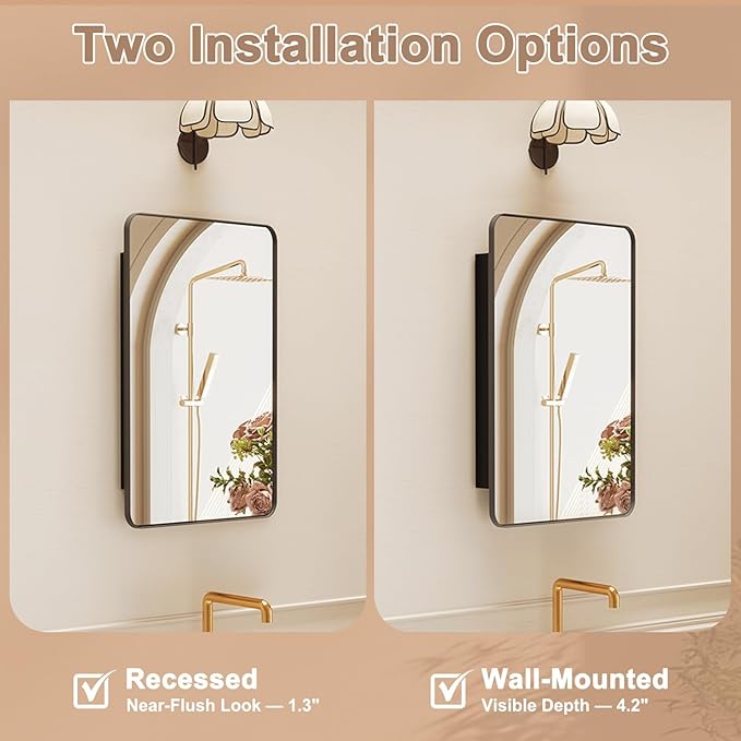 16x27.5 Medicine Cabinet with Mirror, Fully Assembled Recessed or Wall-Mounted Bathroom Mirrored Cabinet with Adjustable Storage Shelves for Vanity, Metal, Black