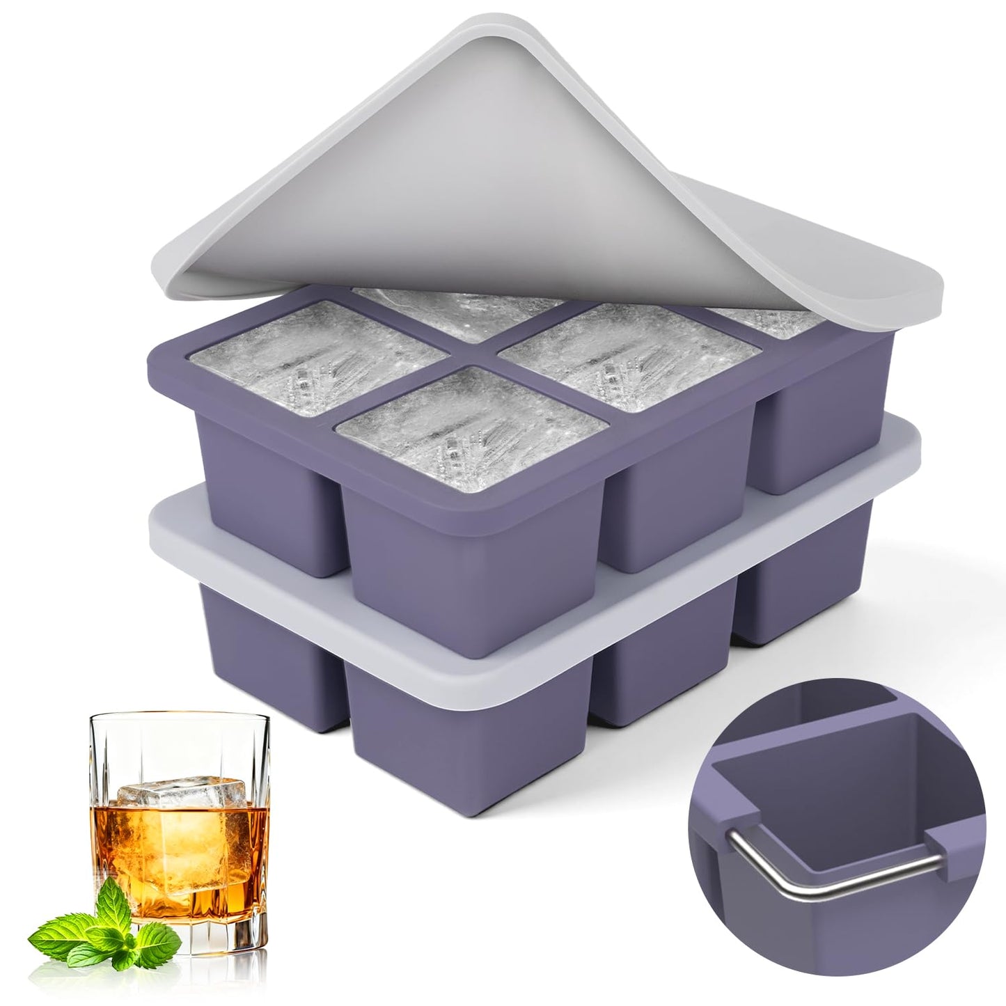Mossime Large Silicone Ice Cube Trays with Lids, 2 Pack, Makes 2-Inch Cubes