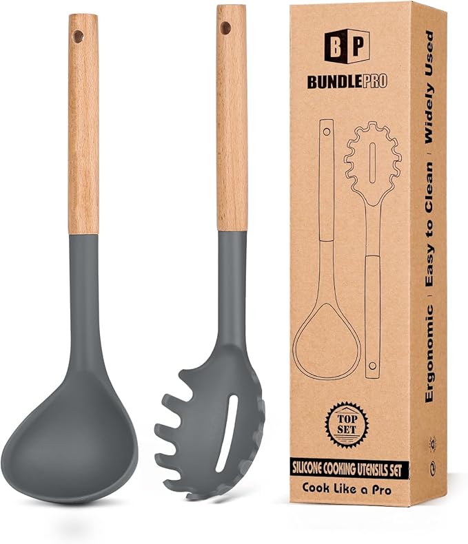 Silicone Pasta Fork and Ladle Spoon Set with Wooden Handle, Heat Resistant Non Stick Kitchen Utensils for Cooking, Stirring, Serving Spaghetti, Soup, Sauce(RED)