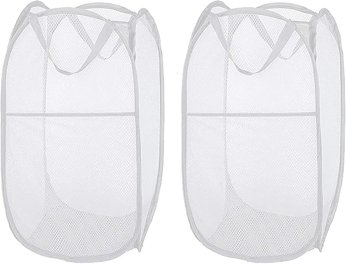 Larpur Pop Up Laundry Hampers, Portable Mesh Laundry Baskets, Collapsible Clothes Laundry Bin for Bedroom, Travel, Bathroom, College Dorm, White - 2 Pack