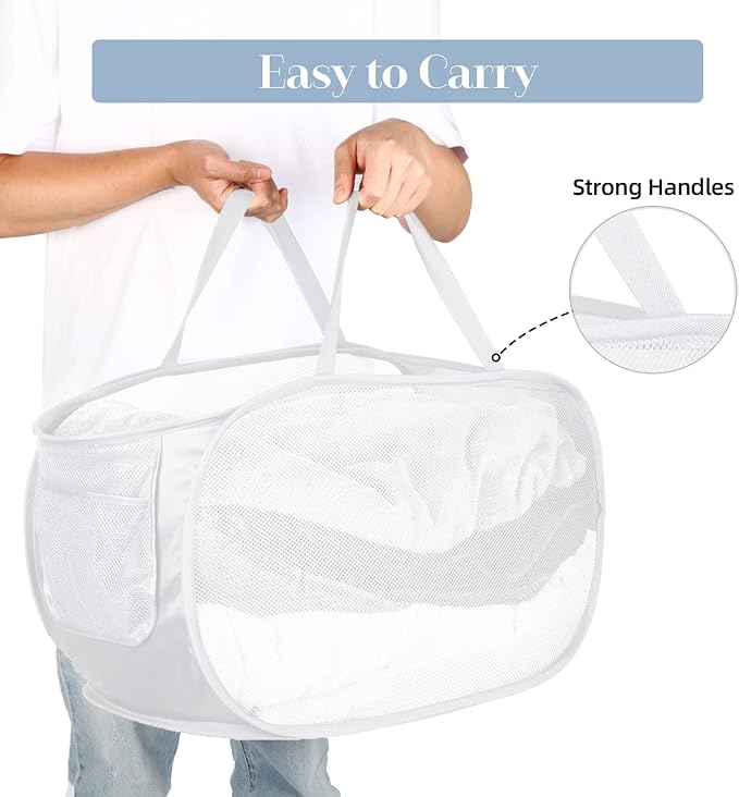 4 Pack Foldable Laundry Basket Hamper, Collapsible Laundry Baskets with Pocket, Mesh Pop Up Laundry Hamper, Clothes Hamper with Reinforced Handles for Laundry, Bathroom, Kids Room, Dorm or Travel