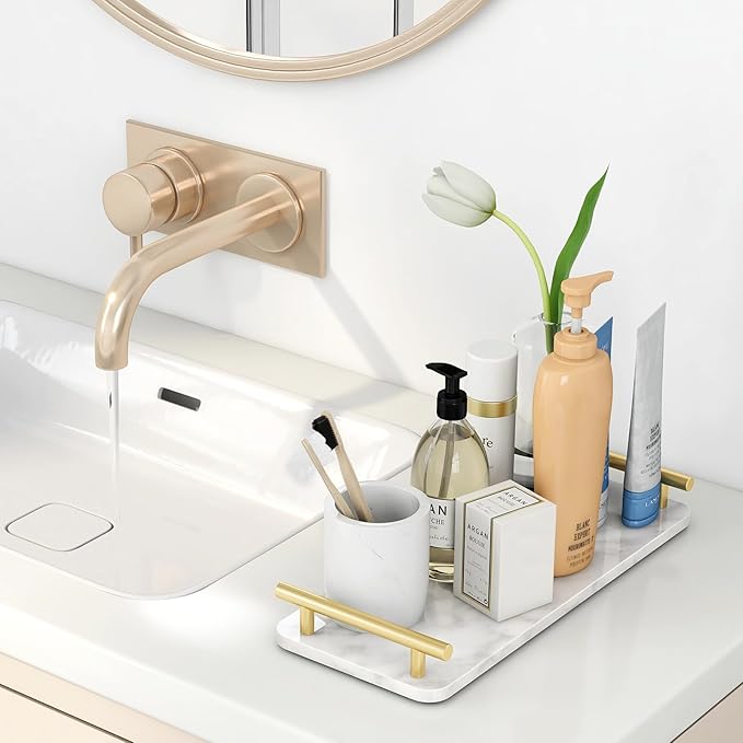 Toilet Paper Basket, Stainless Steel Tank Tray with Handle for Organizing - Toilet Paper Basket Storage for Tank, Bathroom, Kitchen Counter (Marble+Gold)
