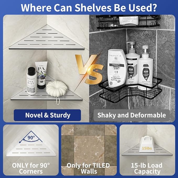 Corner Shower Shelf 10" Brushed 304 Stainless Steel Slot Design Recessed Corner Shelf Bathroom Grout in Shelf for Tiled Wall