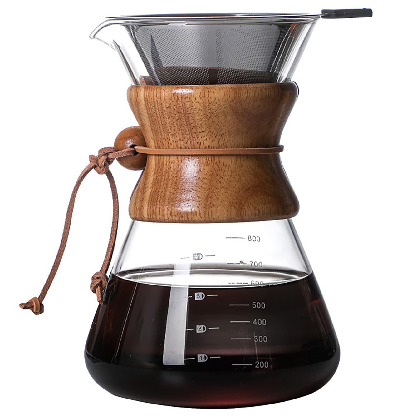 COFISUKI Pour Over Coffee Maker with Reusable Stainless Steel Drip Filter, Lead-Free Borosilicate Glass Coffee Carafe with Modern Wooden Collar for 1-2Cup, Diamond Clear (400ml/13.5oz)