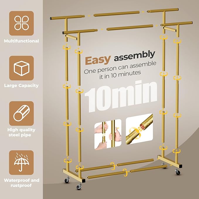 Abiglifty Double Rods Clothes Rack for Hanging Clothes, Clothing Rack with Wheels, Portable Closet Organizer for Laundry, Room (Gold)