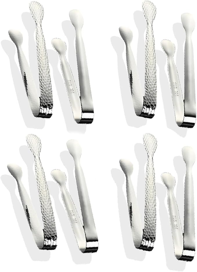 6Pcs 4.3" Stainless Steel Mini Ice Tongs – Ideal for coffee bars, tea parties, dessert events & kitchen use (sugar/ice buckets, appetizers). Available in shiny/textured surface styles for versatile