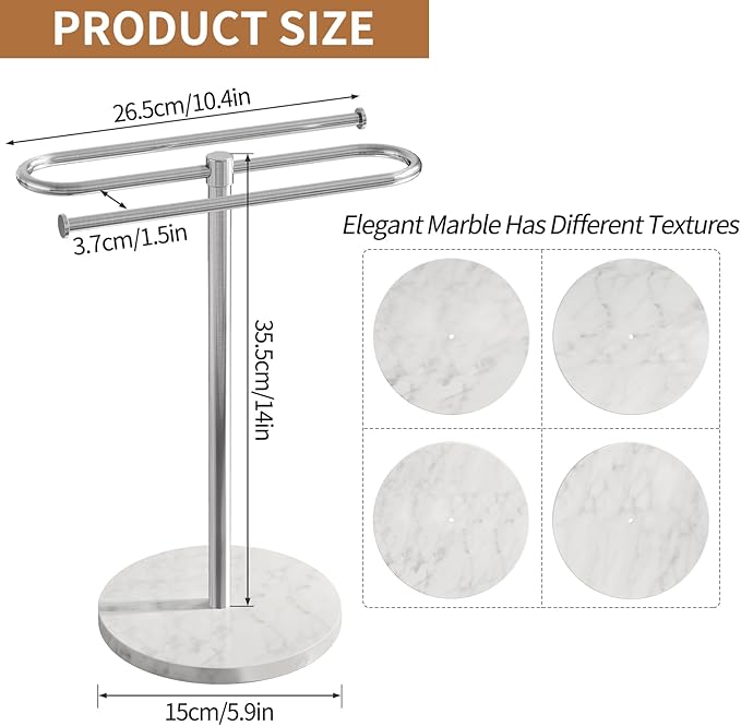 Countertop Towel Stand Free Standing with Marble Base, S-Shape Hand Towel Stand for Bathroom Stainless Steel Rust-proof, Hand Towel Holder Standing for Kitchen Vanity Countertop (Brushed Nickel)