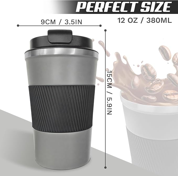 Vacuum-Insulated Stainless Steel Travel Coffee Mug, Leak-Proof Reusable Coffee Cup with Lid-Keeps Drinks Hot & Cold for Hours, Durable Double Wall Tumbler for Men & Women (3rd-Grey, 12OZ)