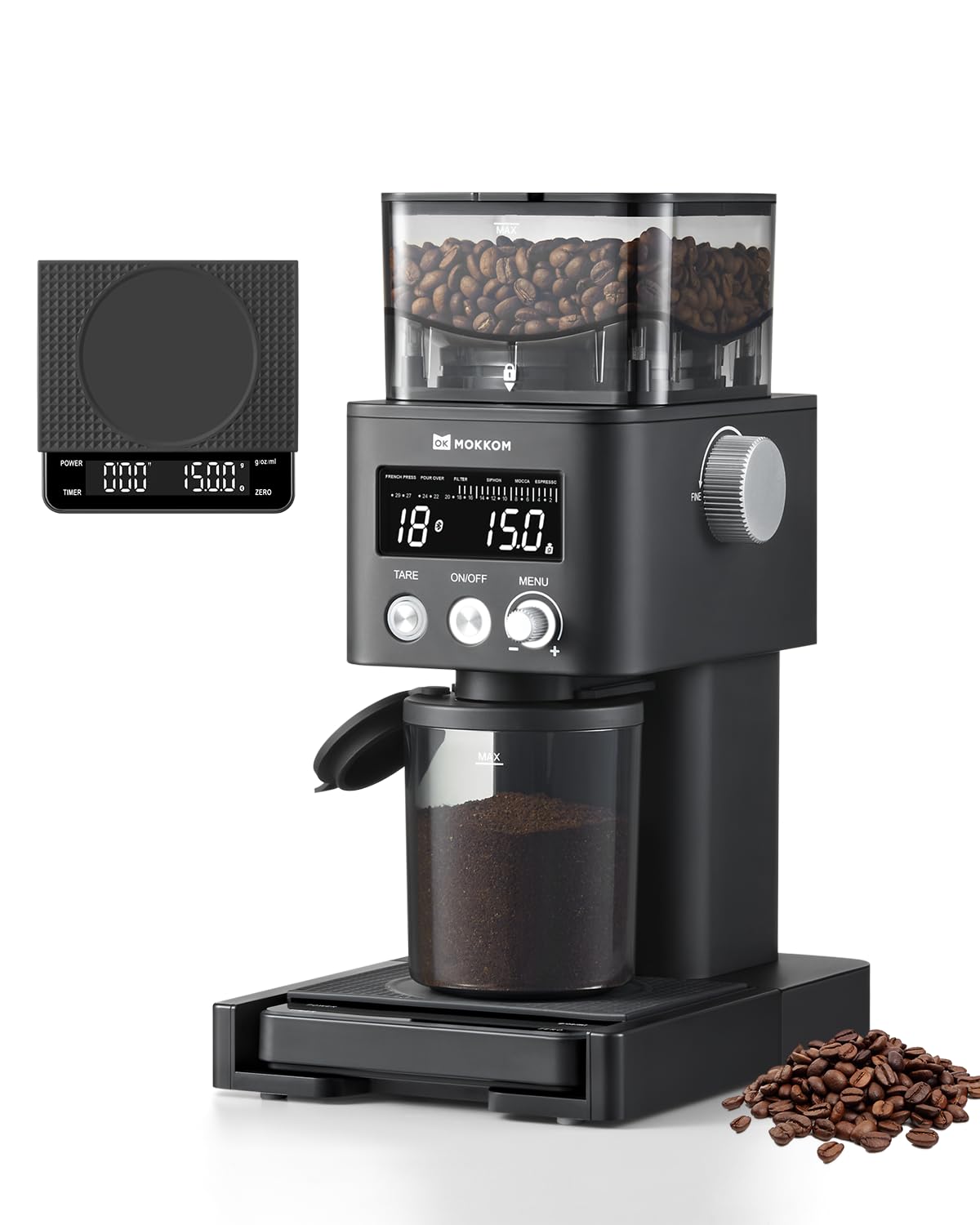 MOKKOM Electric Conical Burr Coffee Grinder with Removable Coffee Scale, Anti-static Coffee Bean Grinder, 31 Grind Settings and Precision Timer for Espresso Pour Over, French Press Stainless Steel