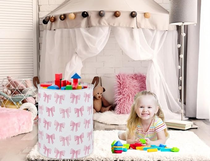 Kids Laundry Hamper,Pink Laundry Basket Collapsible Girls Storage Baskets for Home Decor,Office,Toy Organizer,(Pink Bowknot)