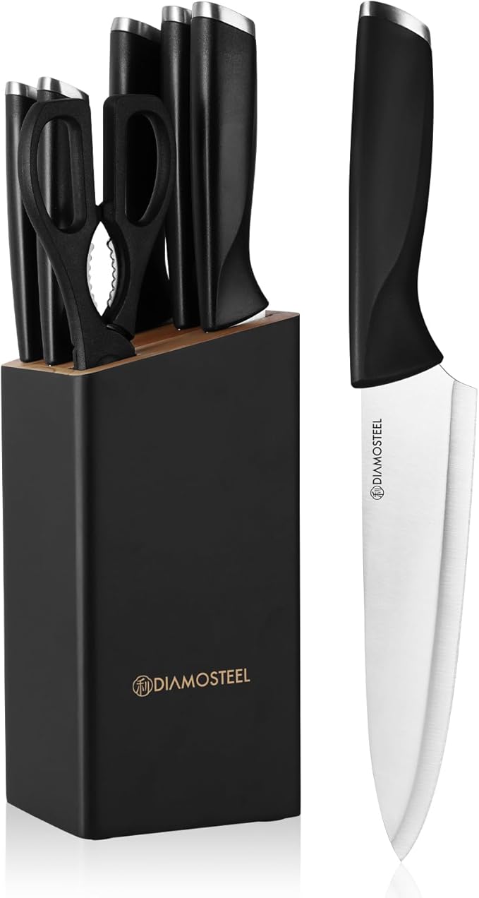 Black Knife Set, 13-Piece Knife Block Set with Built-in Sharpener